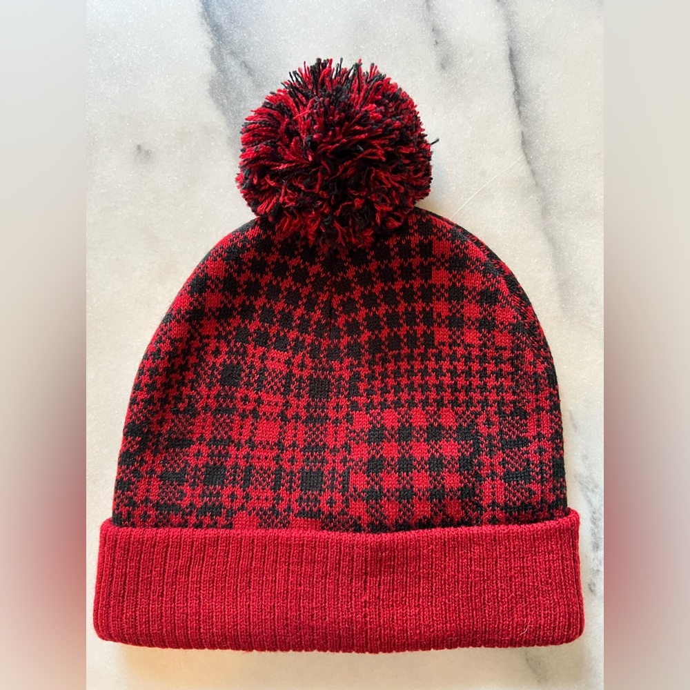 Original Use- Red/ Black plaid Pom Pom beanie from Target
